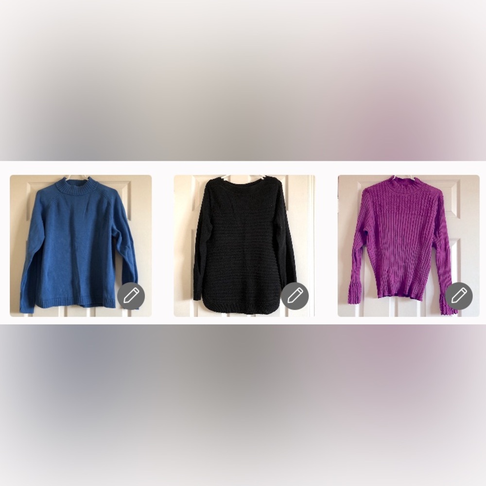 3 SWEATERS - blue, black, and purple